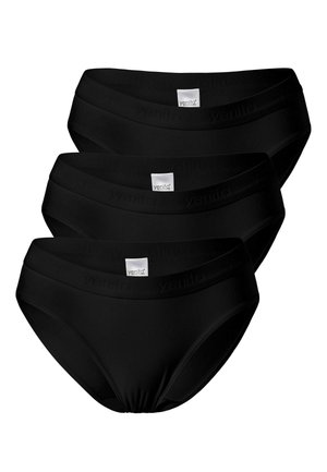 Tre slip da donna neri impilati, ciascuno con un'etichetta del marchio bianca "yenita" centrata sulla fascia della vita.