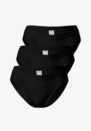 Trois culottes noires pour femmes empilées, chacune avec une étiquette de marque blanche "yenita" centrée sur la ceinture.