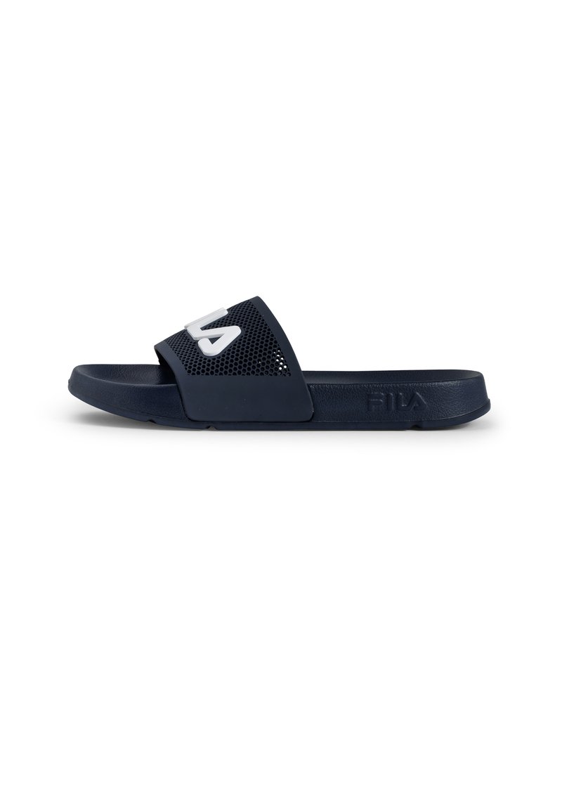 Navy slide sandal with a textured strap featuring mesh cutouts, white logo, and a flat sole. Made of flexible, durable material.