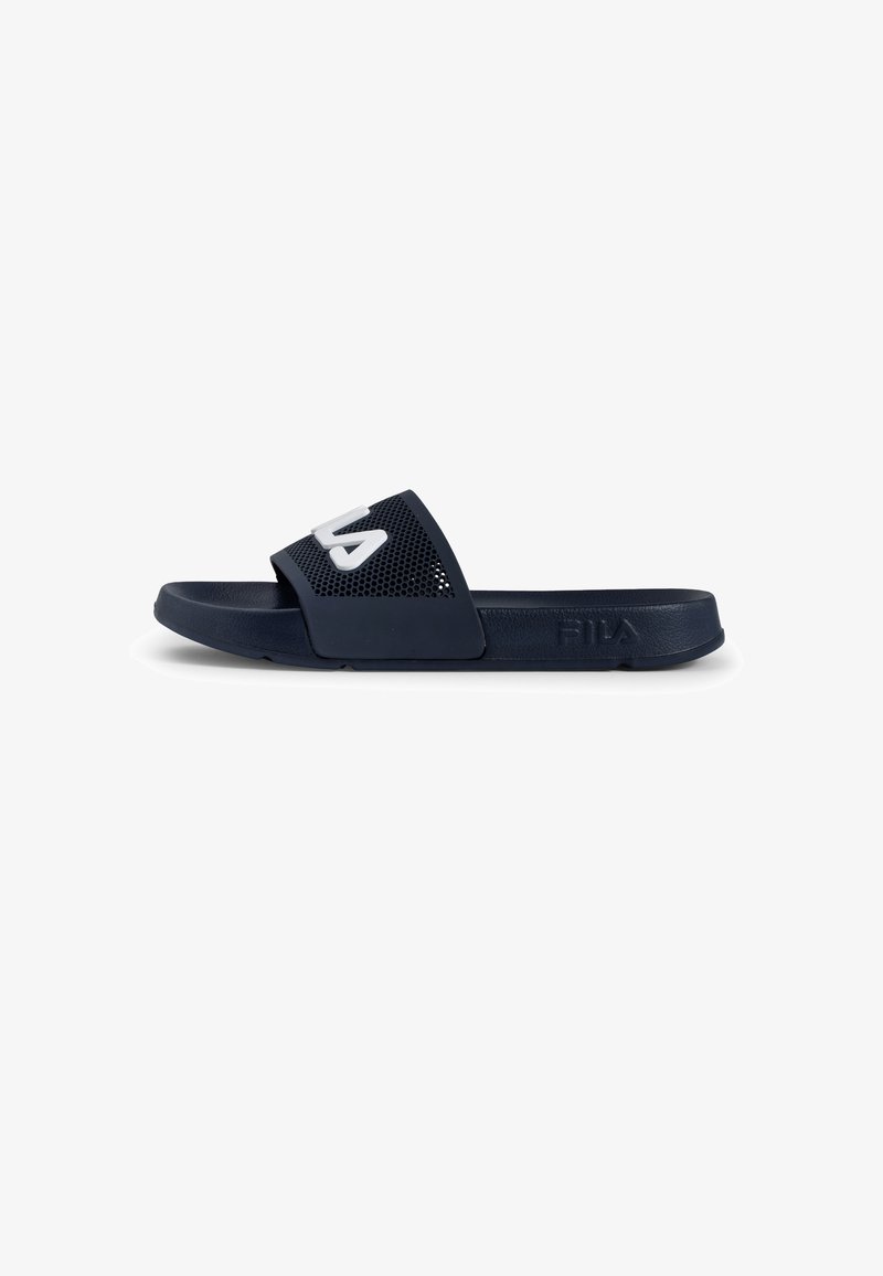 Navy slide sandal with a textured strap featuring mesh cutouts, white logo, and a flat sole. Made of flexible, durable material.