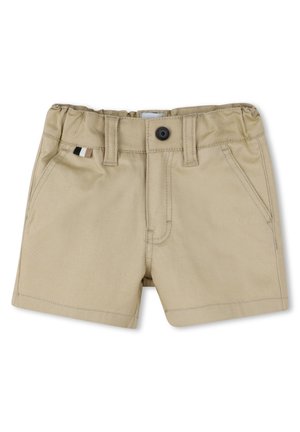 Beige korte broek voor peuters met elastische tailleband, voorste knoop, lussen voor een riem, schuine frontzakken en een klein drietalig stoffen label aan de linkerzak.