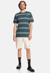 Teal striped t-shirt with cream lines, casual fit; paired with cream shorts, black socks, and black sandals. Simple branded details.
