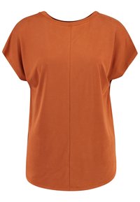 Short-sleeve orange top with a round neckline. Soft fabric with a smooth texture, featuring a subtle seam detail running down the back.