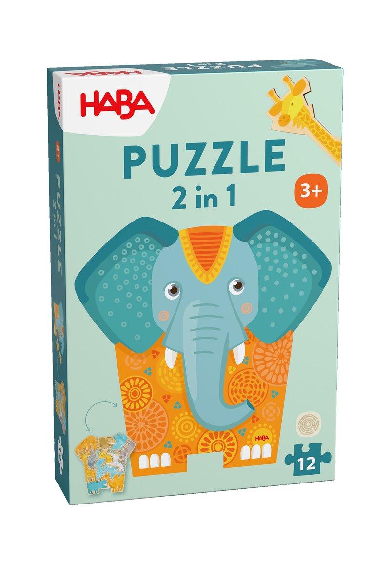 Colorful 2-in-1 puzzle box featuring a cartoon elephant with a blue-gray body and orange patterned details, suitable for ages 3+.