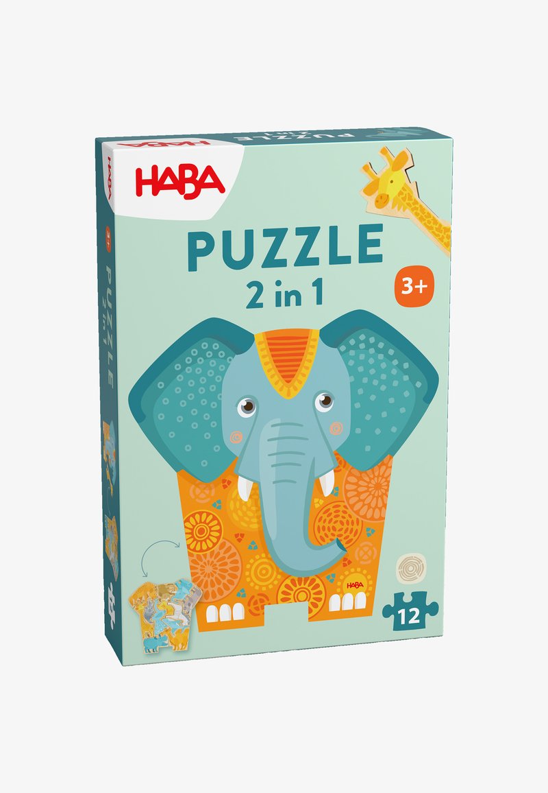 Colorful 2-in-1 puzzle box featuring a cartoon elephant with a blue-gray body and orange patterned details, suitable for ages 3+.