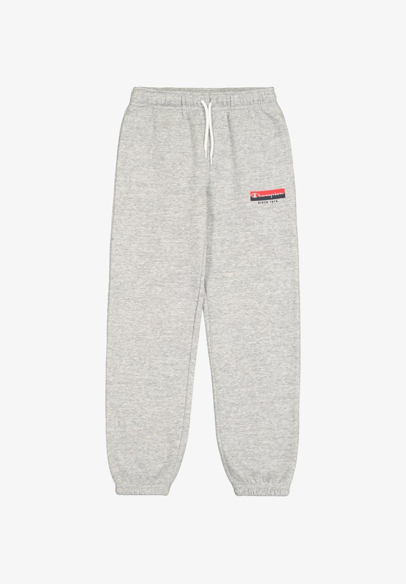 Pantalones de chándal grises fabricados en una suave mezcla de algodón, con pernera ajustada, cintura elástica con cordón y un logo de Champion en rojo y azul.
