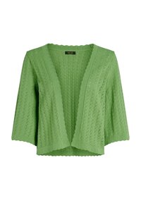 Cárdigan de punto verde claro con un escote y dobladillo con volantes, con un patrón texturizado de diamantes y mangas de tres cuartos.