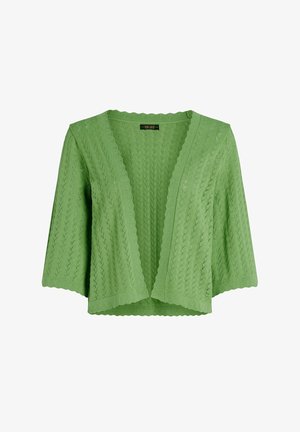 Cárdigan de punto verde claro con un escote y dobladillo con volantes, con un patrón texturizado de diamantes y mangas de tres cuartos.