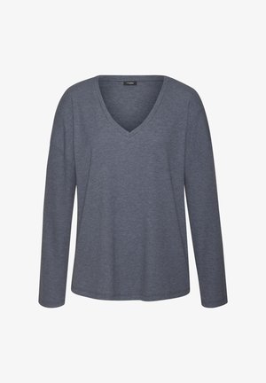 Grauer langärmeliger V-Ausschnitt-Pullover mit gerippter Textur und lockerer Passform. Mit leicht fallenden Schultern und gerader Saumlinie.