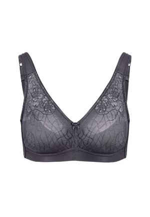 Szary bezprzewodowy biustonosz z florystyczną koronką, dekoltem w serek i regulowanymi ramiączkami. Na środku ozdobiony dekoracyjną kokardą.