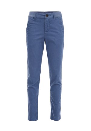 Blue tapered trousers made of textured fabric, featuring front pockets, a button closure, and a clean hemline.