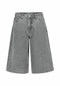 Graue Denim-Culottes mit A-Linien-Form, hohem Bund und vorderen Taschen. Verfügen über einen klassischen Fünf-Taschen-Stil und kontrastierende Nähte.