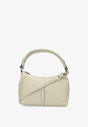 Borsa a mano in pelle crema con finitura texturizzata, manico superiore curvo e tracolla regolabile. Presenta una chiusura a zip e un accento con logo.