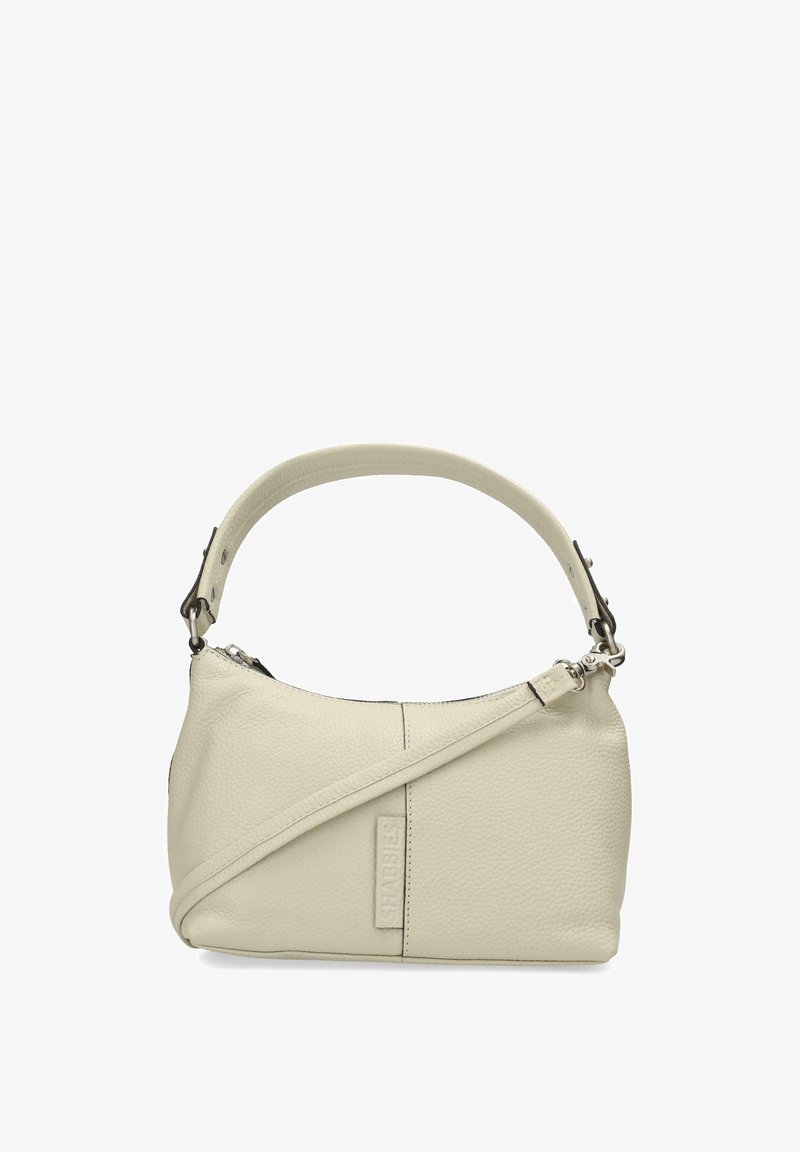 Borsa a mano in pelle crema con finitura texturizzata, manico superiore curvo e tracolla regolabile. Presenta una chiusura a zip e un accento con logo.