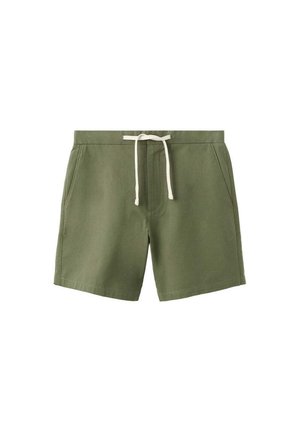 Olivgrüne Freizeithose mit weißem Kordelzugbund und Seitentaschen, aus leichtem Stoff.