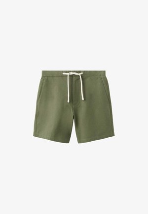 Olivgrüne Freizeithose mit weißem Kordelzugbund und Seitentaschen, aus leichtem Stoff.