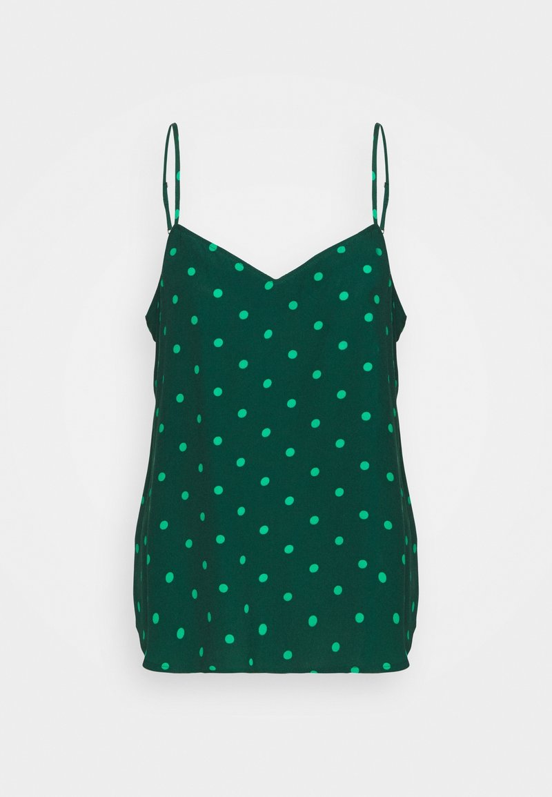 Grön ärmlös topp med V-ringning, prydd med kontrasterande ljusgröna prickar, mjukt tyg och en avslappnad passform.