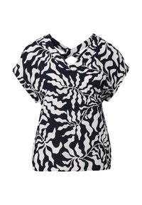 Haut bleu marine avec motif de feuilles blanches tourbillonnantes, manches courtes et col en V avec détail croisé au dos. Tissu texturé.