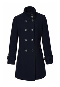 Navy wool coat with double-breasted front, six large buttons, high collar, and rolled cuffs. Tailored shape and side pockets.