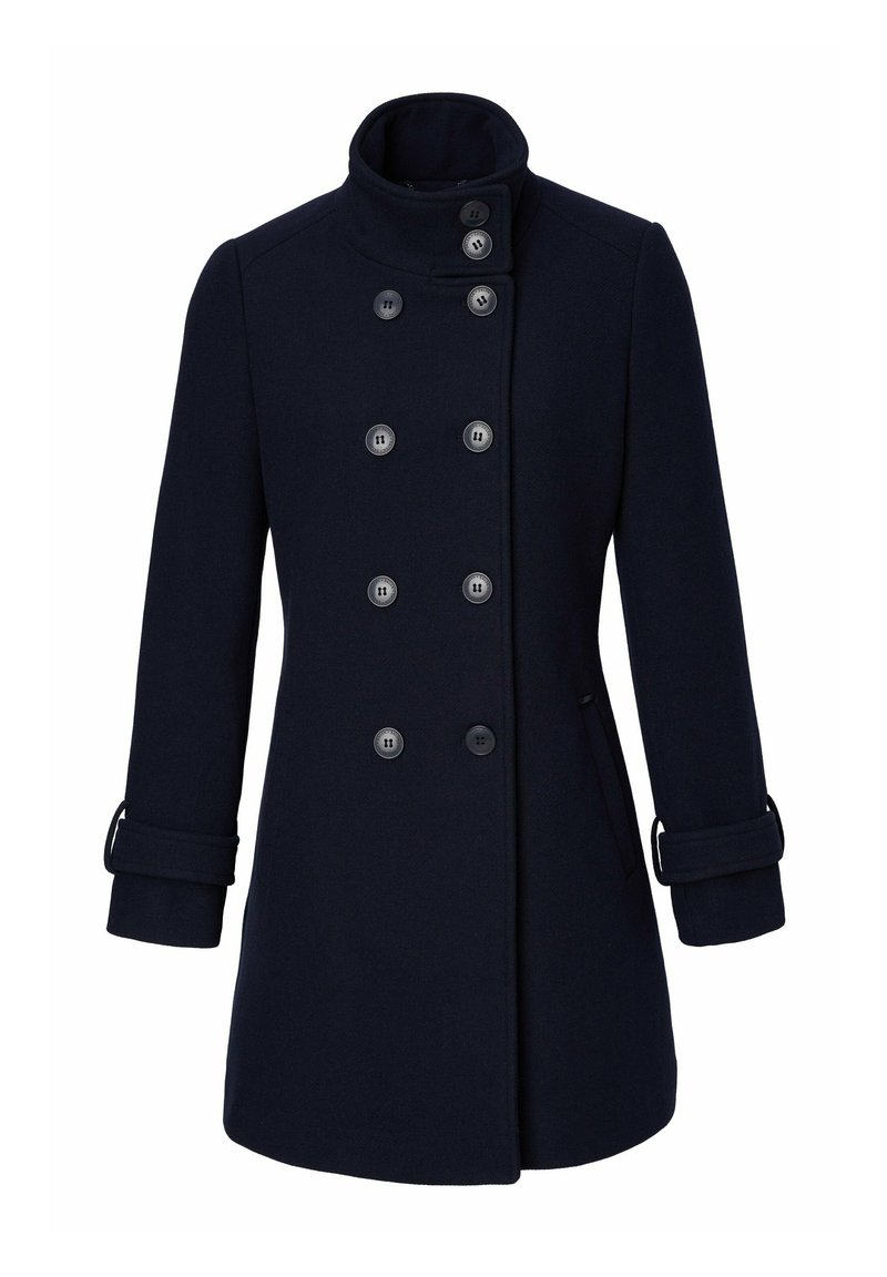 Navy wool coat with double-breasted front, six large buttons, high collar, and rolled cuffs. Tailored shape and side pockets.