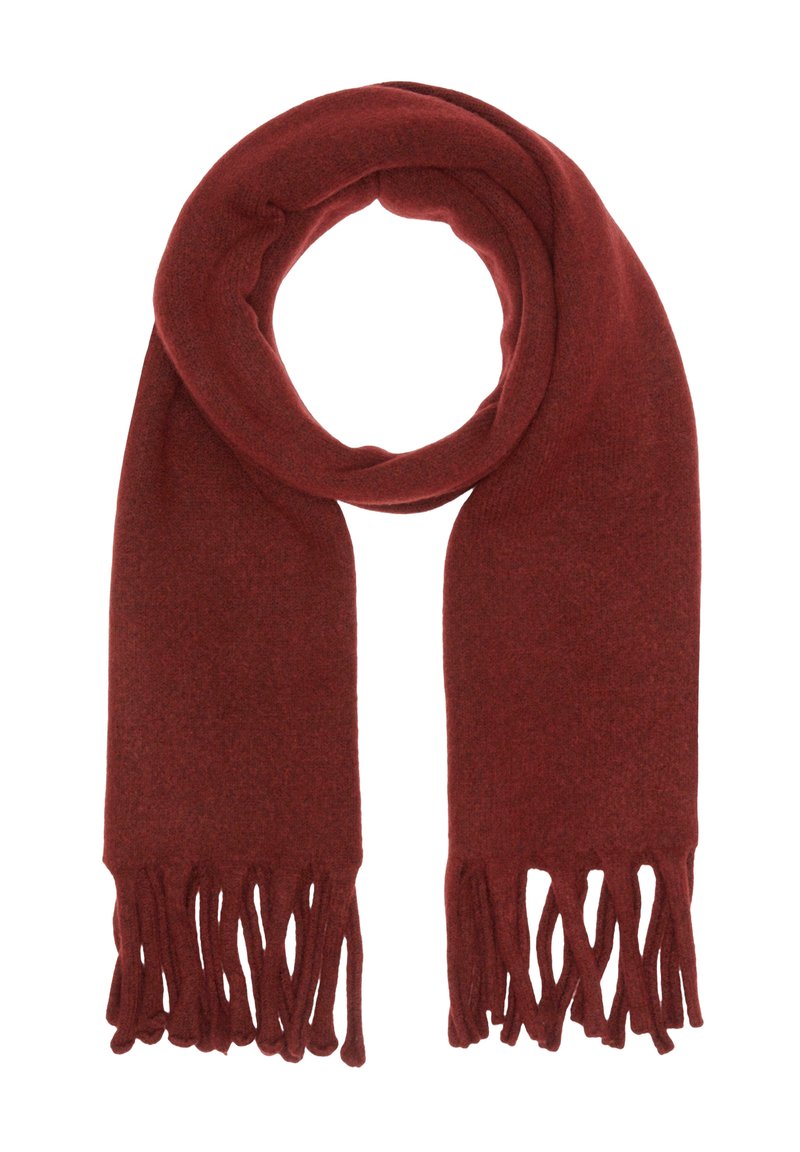 Écharpe en laine rouge, avec une texture douce, de forme rectangulaire et des bords frangés pour un détail supplémentaire.