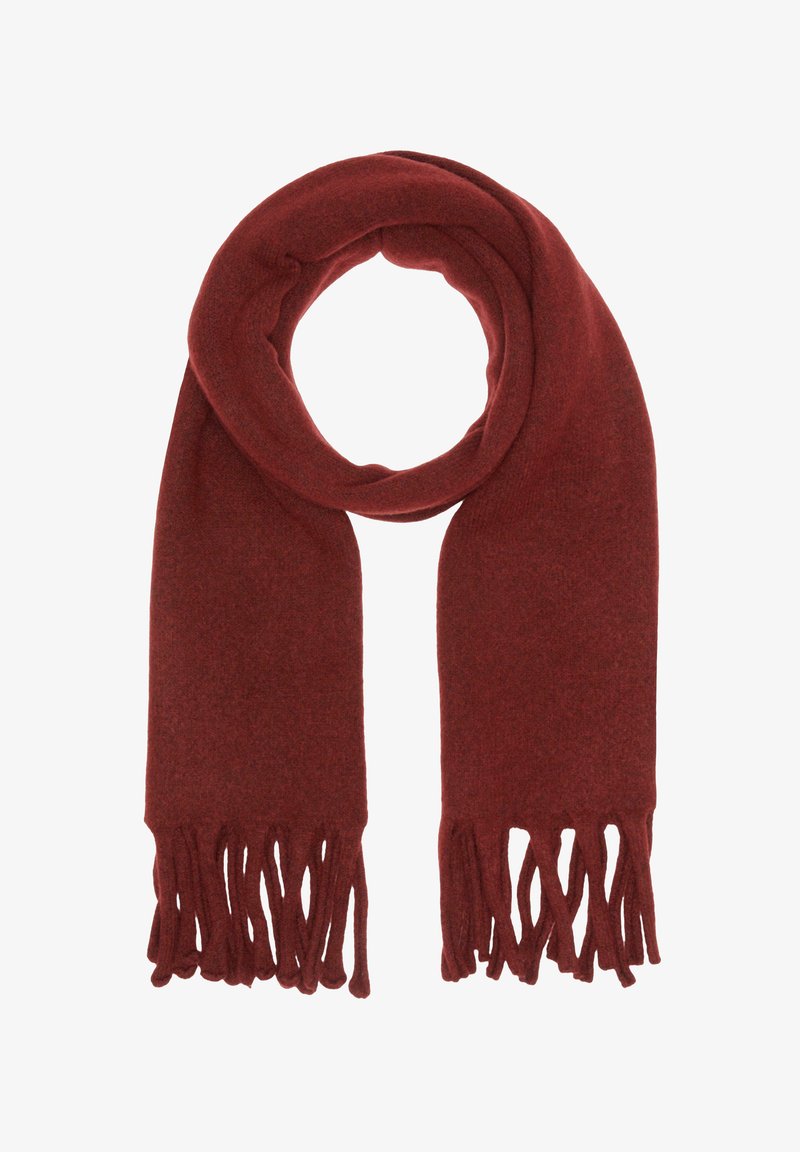 Écharpe en laine rouge, avec une texture douce, de forme rectangulaire et des bords frangés pour un détail supplémentaire.