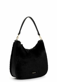 Borsa a spalla in finta pelliccia nera con una texture morbida, accenti in pelle liscia, hardware dorato e una forma curva.