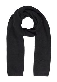Écharpe noire en tricot avec un motif texturé comprenant des rayures horizontales. Matériau doux avec une finition lisse. Forme longue et polyvalente pour différents styles.