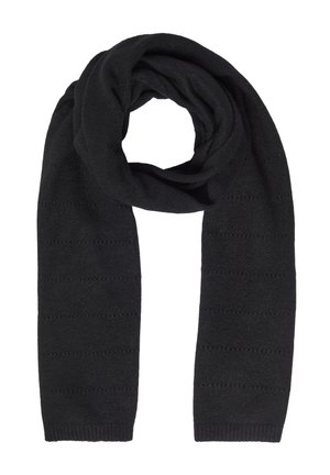 Sciarpa nera lavorata a maglia con un motivo texture caratterizzato da righe orizzontali. Materiale morbido con una finitura liscia. Forma lunga e versatile per vari stili.