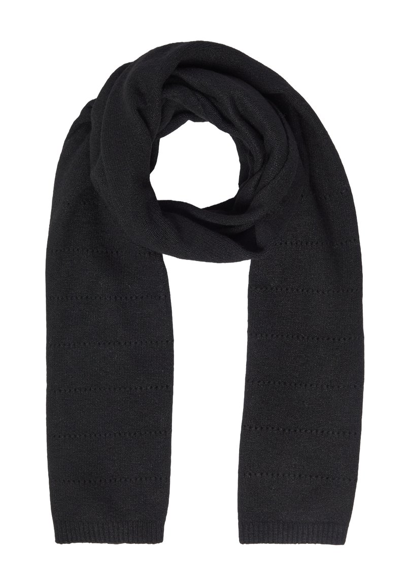 Écharpe noire en tricot avec un motif texturé comprenant des rayures horizontales. Matériau doux avec une finition lisse. Forme longue et polyvalente pour différents styles.