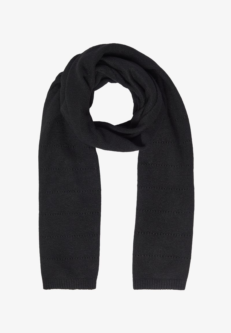 Sciarpa nera lavorata a maglia con un motivo texture caratterizzato da righe orizzontali. Materiale morbido con una finitura liscia. Forma lunga e versatile per vari stili.