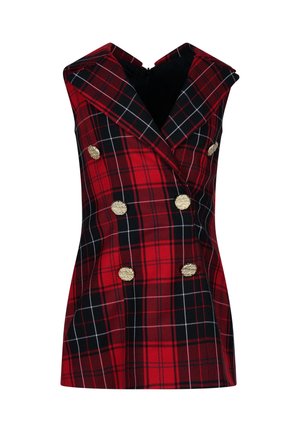 Ärmellose rote und schwarze Karoweste mit sechs strukturierten goldenen Knöpfen und breiten Revers, taillierte Passform.