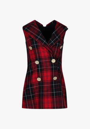 Gilet senza maniche a quadri rossi e neri con sei bottoni dorati testurizzati e ampi revers, vestibilità sartoriale.