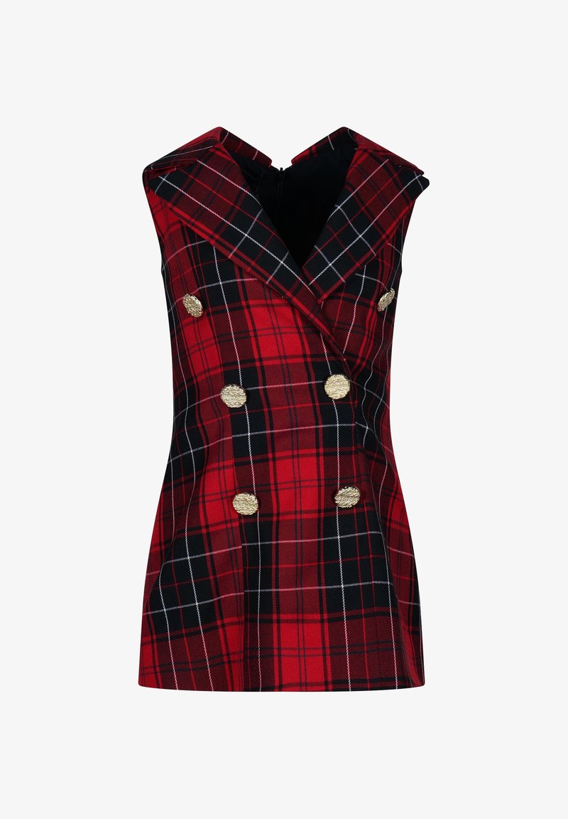 Gilet sans manches à carreaux rouge et noir avec six boutons dorés texturés et larges revers, coupe ajustée.