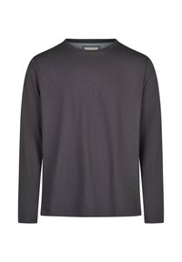 Camisa de manga larga en gris oscuro, hecha de una suave tela de algodón, con cuello redondo y dobladillo recto, sin adornos.