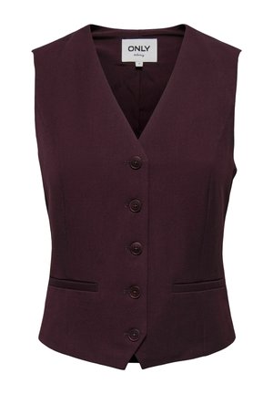 Gilet sans manches violet foncé avec cinq boutons sur le devant et deux poches horizontales proches de la taille.