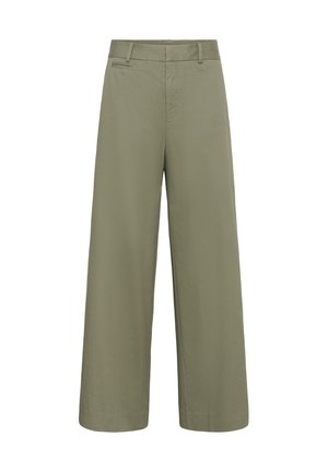 Vysoce pásované široké khaki kalhoty s poutky na pásek a jednou zadní kapsou na pravé straně.