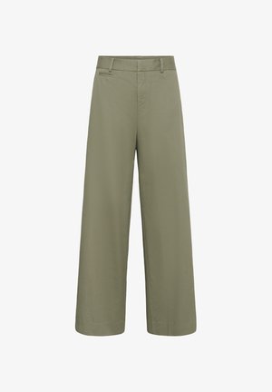 Kõrge vöökohaga laiade säärega khakivärvi püksid, millel on vööaasad ja paremal pool üks tagumine välispõll.