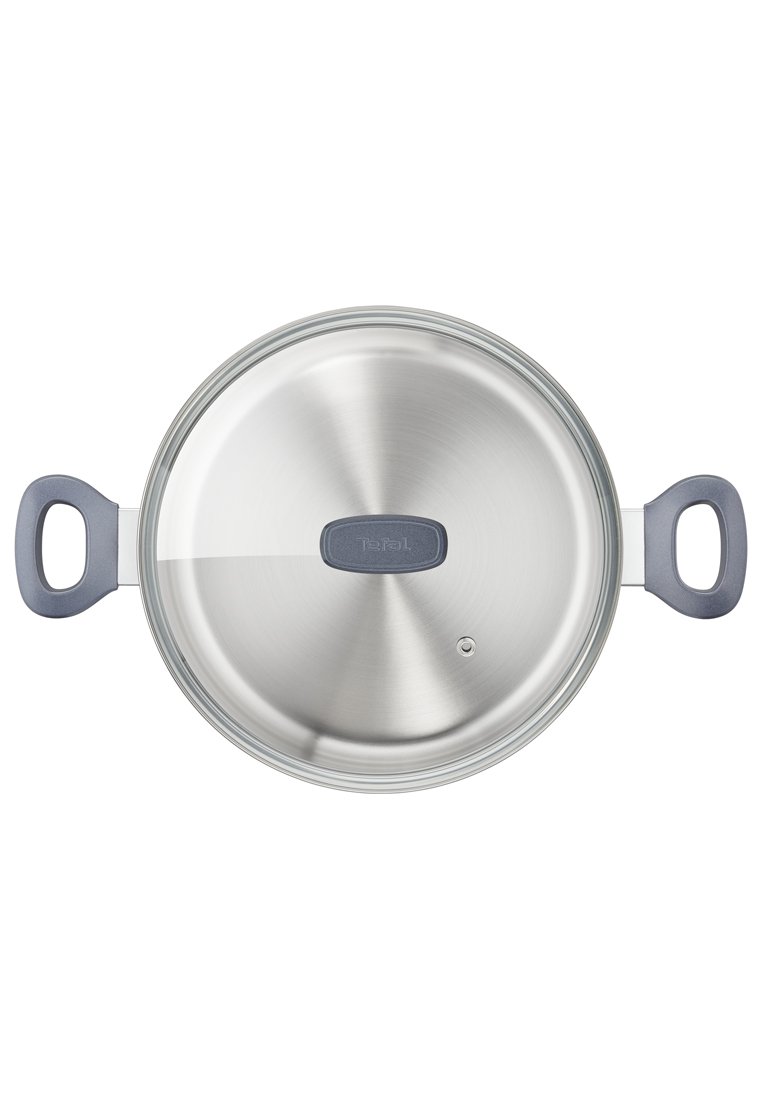 Edelstahlkochtopf mit transparentem Glasdeckel, ausgestattet mit grauen Kunststoffgriffen. Zylindrische Form, gebürstete Oberfläche, mit einer zentralen Belüftung.