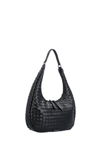 Sac hobo en cuir noir avec texture tissée, bandoulière réglable et doubles tirettes de fermeture éclair sur fond blanc.
