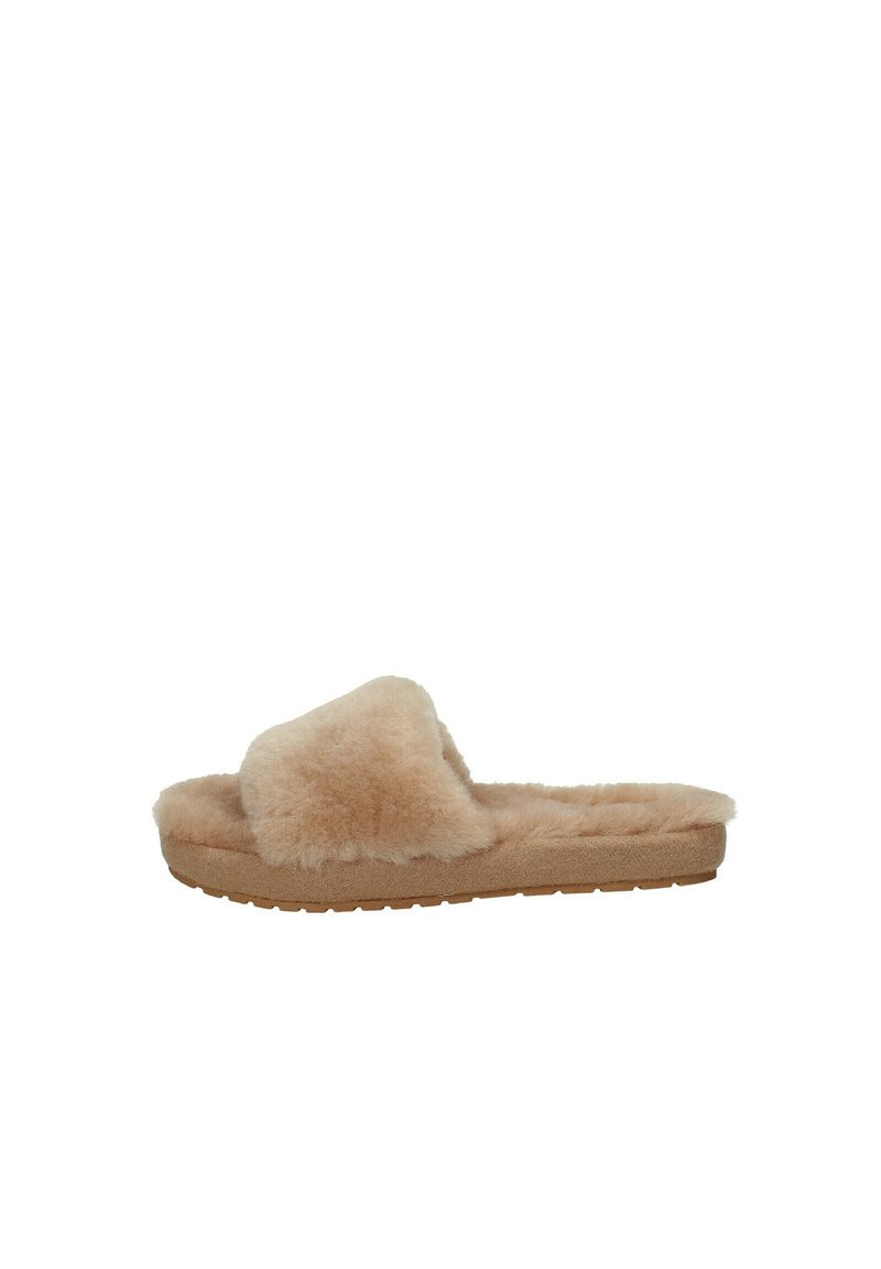 Sandali scivolosi beige morbidi con parte superiore in pelliccia soffice, soletta imbottita e suola in gomma testurizzata per una buona aderenza. Design aperto, senza cinturini.