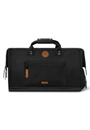 Sac de voyage rectangulaire noir avec poignée rembourrée, poche zippée à l'avant, compartiments latéraux, et écussons de marque en cuir marron à l'avant.