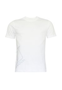Weißes T-Shirt aus Baumwolle mit kurzen Ärmeln, das auf der unteren linken Seite ein dezentes graues Grafikdesign aufweist. Glatte Textur, klassischer Rundhalsausschnitt.