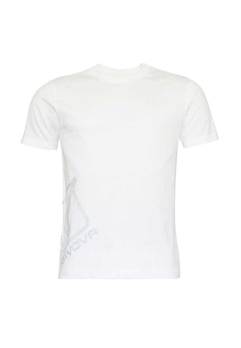 Weißes T-Shirt aus Baumwolle mit kurzen Ärmeln, das auf der unteren linken Seite ein dezentes graues Grafikdesign aufweist. Glatte Textur, klassischer Rundhalsausschnitt.