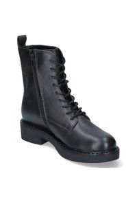 Zwarte leren enkelboot met een ronde neus, vetersluiting aan de voorkant, zijrits en een gestructureerde zool. Heeft een stevige hak en contrasterende stiksels.