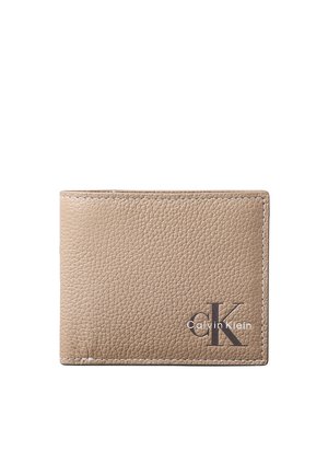 Beige gestructureerde leren portemonnee met zichtbare stiksels en Calvin Klein-logo in zwart-wit gedrukt op de voorkant rechtsonder.