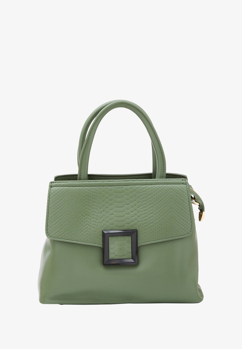 Sac à main vert avec rabat texturé, boucle carrée noire, deux poignées et fermoir de fermeture éclair doré sur le côté.
