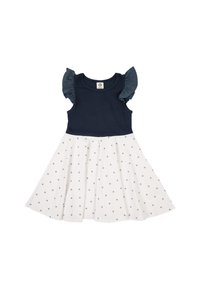 Námořnická modrá bezrukávová halenka s řasenými ramínky; bílá sukně s malými modrými puntíky; bavlněný materiál, rozšířený střih.