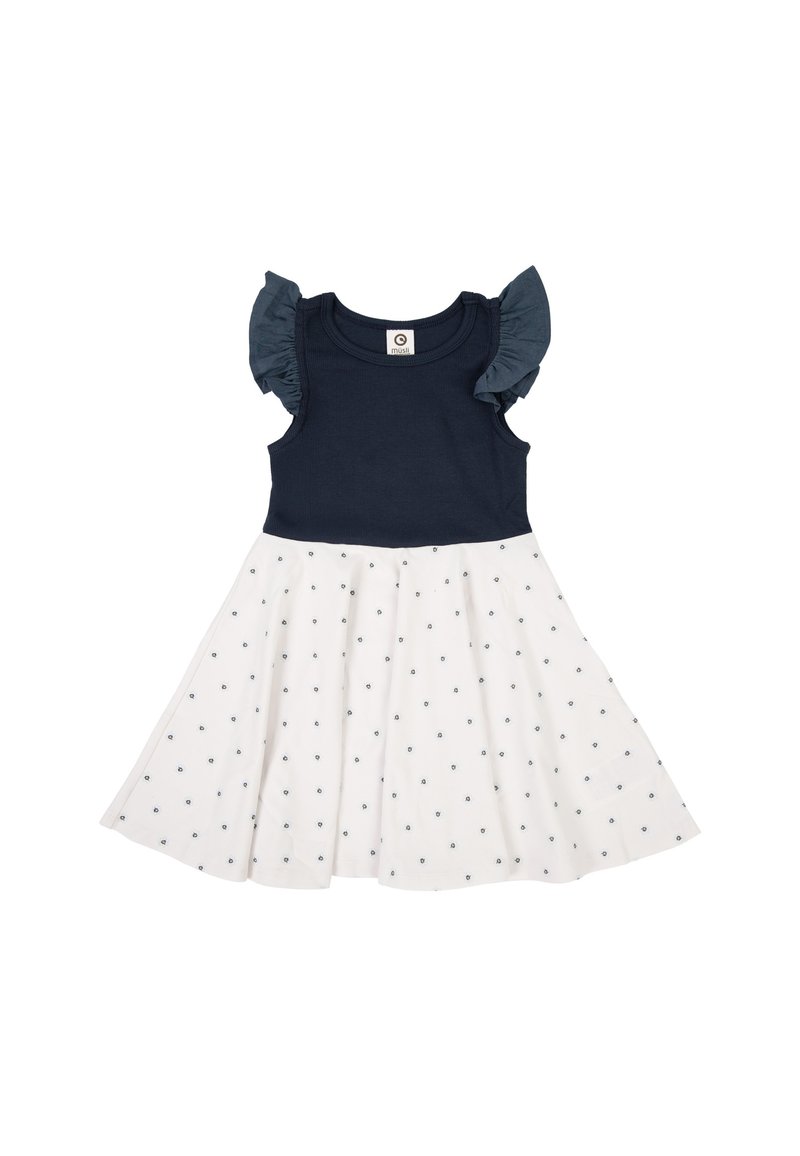 Námořnická modrá bezrukávová halenka s řasenými ramínky; bílá sukně s malými modrými puntíky; bavlněný materiál, rozšířený střih.