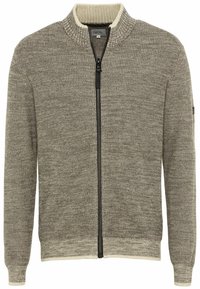 Cardigan in maglia con zip frontale grigio, caratterizzato da un motivo testurizzato; colletto e polsini a coste in crema chiaro; presenta una zip nera e un dettaglio del logo del marchio.